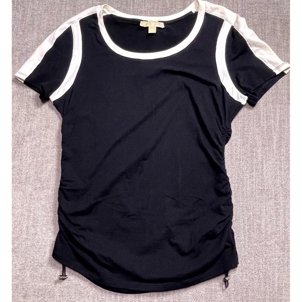 Michael Kors T-Shirt Womens XL Navy Blue Side Ruched Round Neck Drawcord Hem